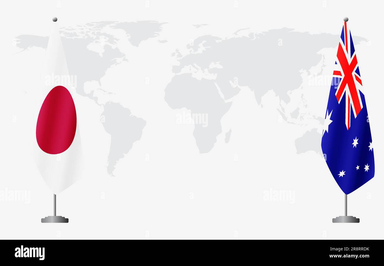 Japanische und australische Flaggen für offizielles Treffen vor dem Hintergrund der Weltkarte. Stock Vektor