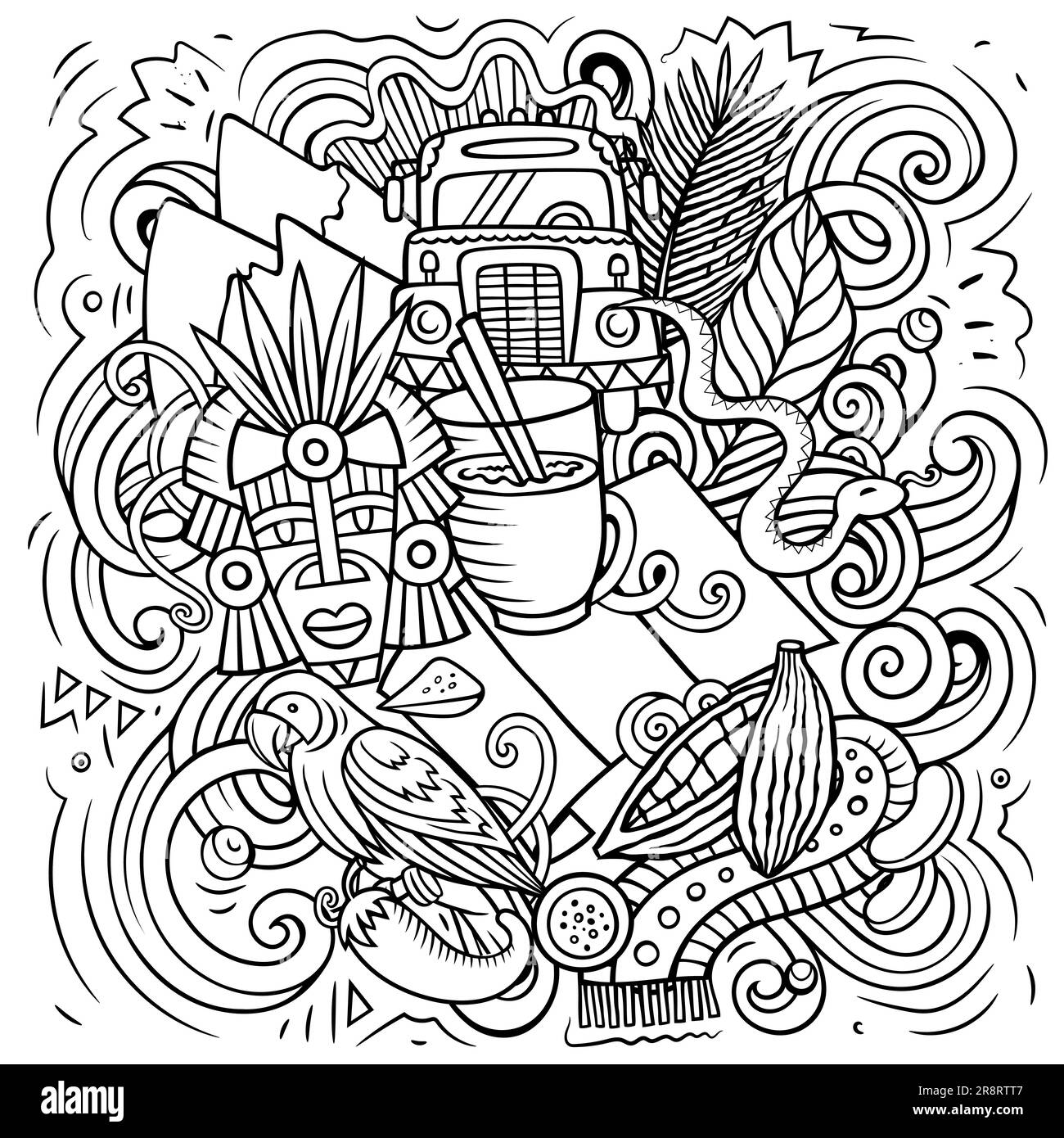 Guatemala-Zeichentrickfilm-Doodle-Illustration. Komisches Design. Kreativer Vektorhintergrund mit zentralamerikanischen Landeselementen und Objekten. Skizzierte Komposition Stock Vektor