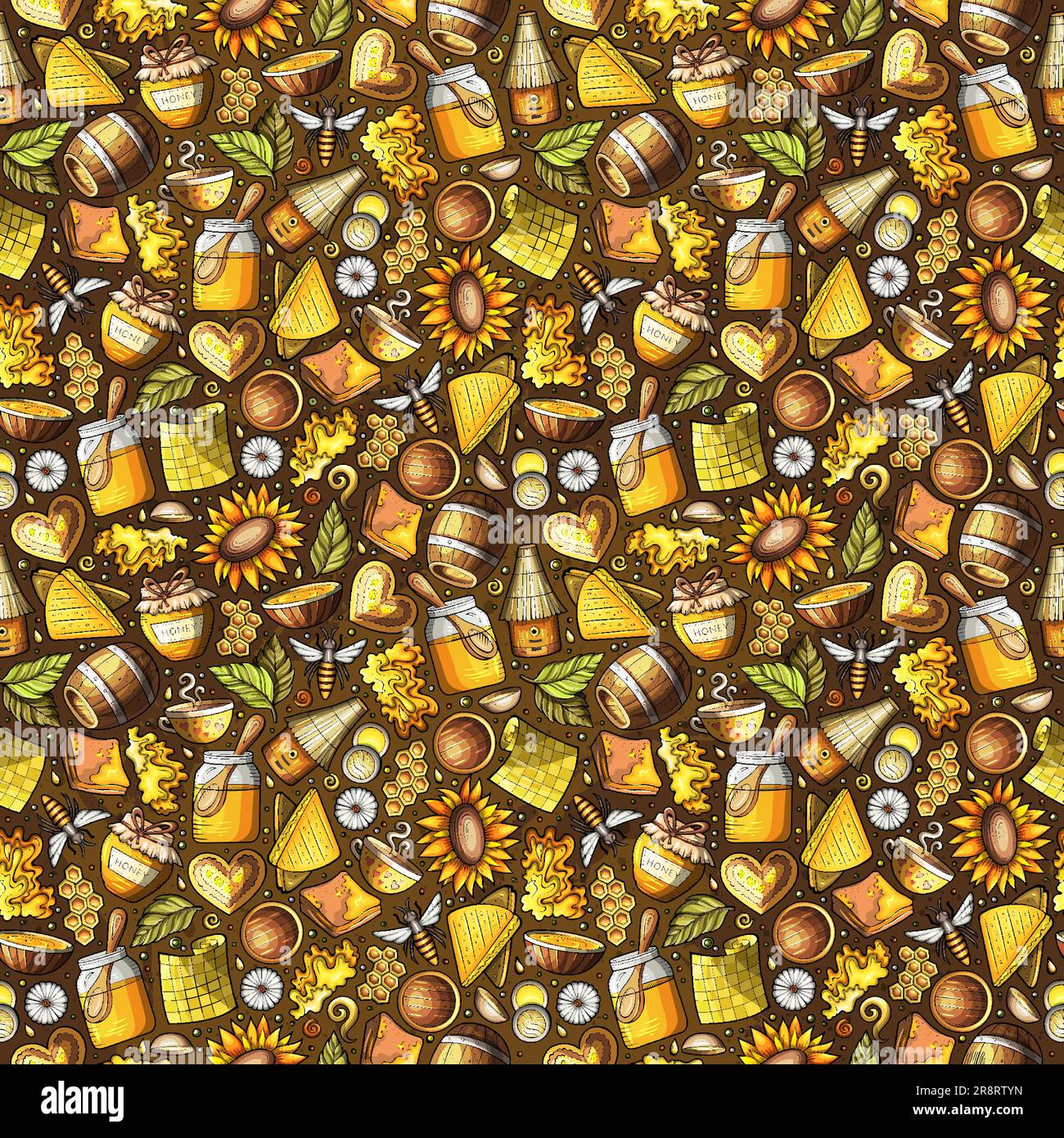 Cartoon mit niedlichem Honey-Muster. Farbenfrohe Details mit vielen Objekten im Hintergrund. Endlose lustige Vektordarstellung Stock Vektor