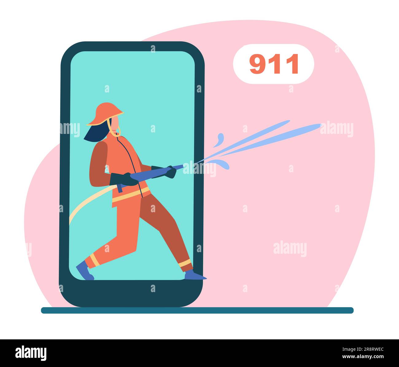 Feuerwehrmann auf Smartphone-Bildschirm hält Feuerwehrschlauch Stock Vektor