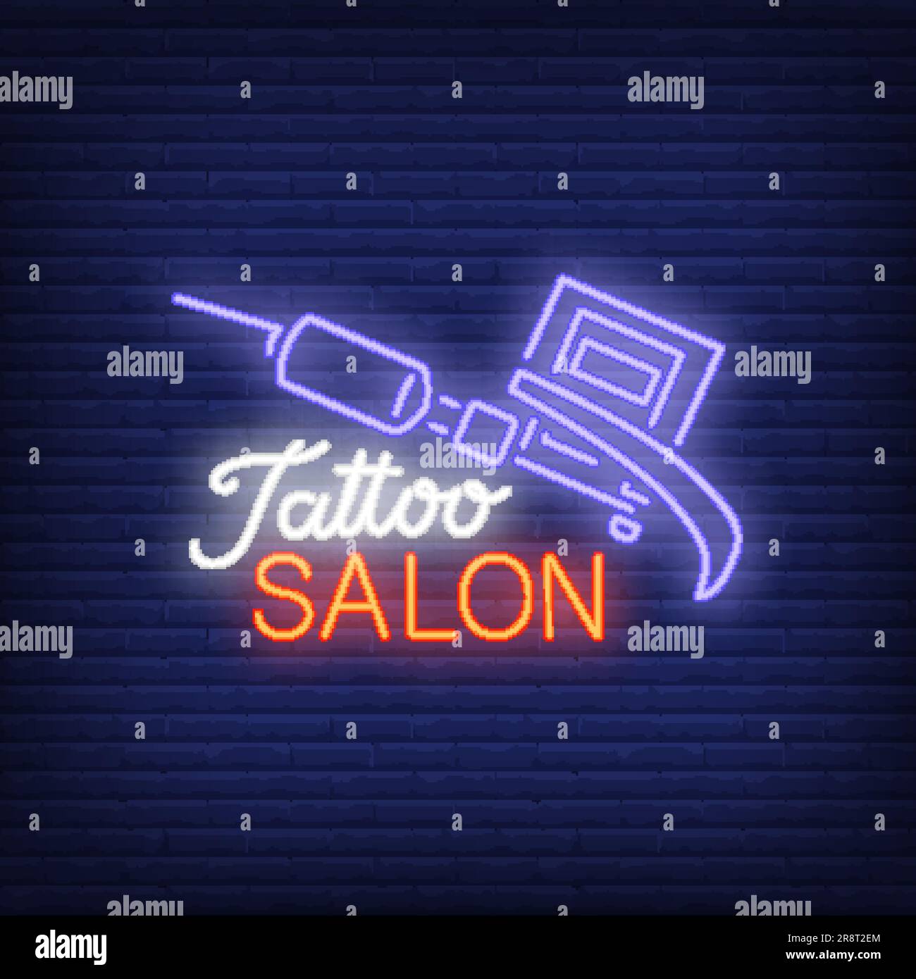 Tattoo-Salon Neontext mit Tattoo-Maschine Stock Vektor