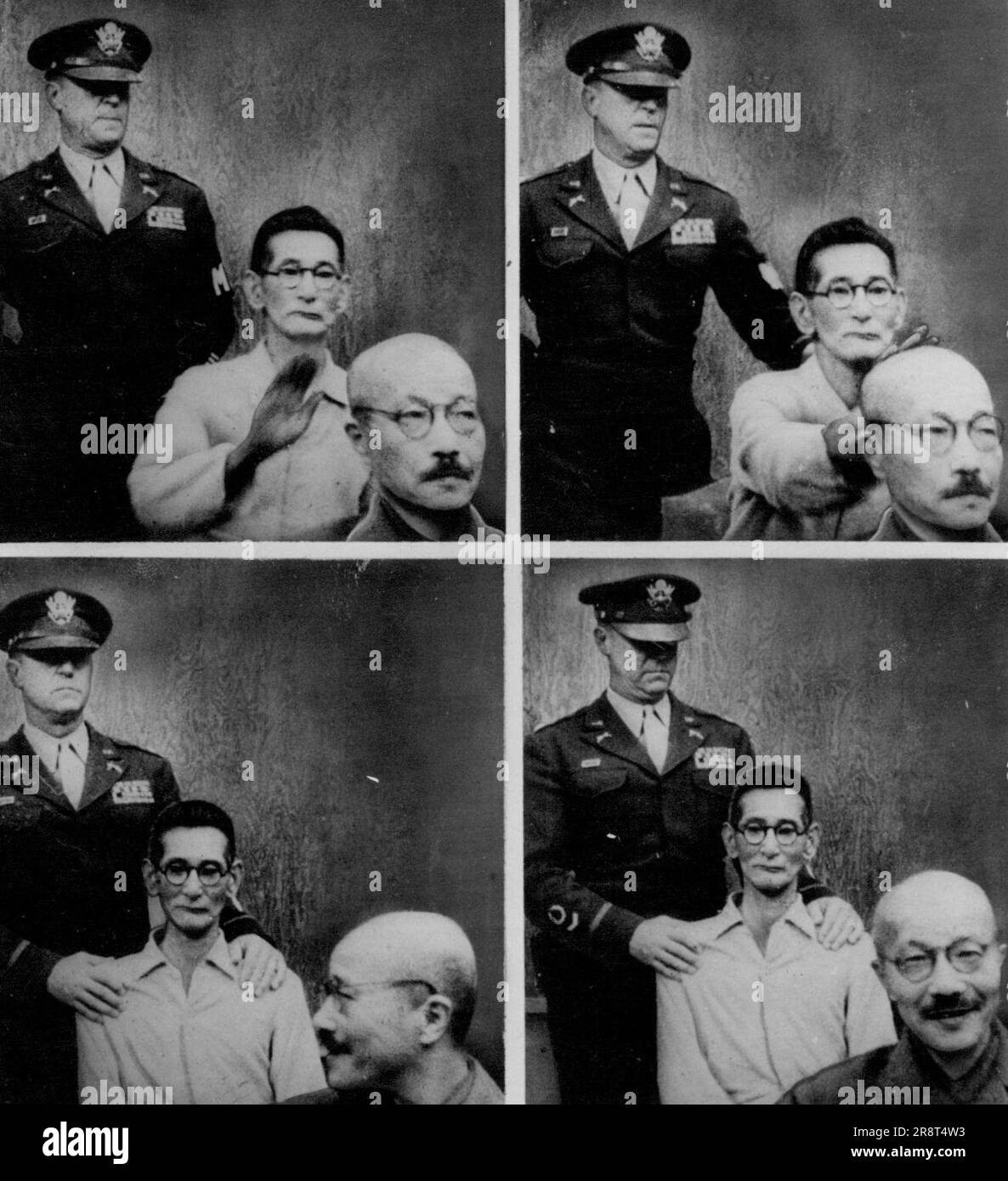 Der, der geschlagen wird -- Shumei Okawa (denter, Top) greift zu, um Hideki Tojos Glatze mit Pokerface während der Sitzung des japanischen Kriegsverbrecherprozesses in Tokio im Mai 3 zu schlagen. Tojo lächelt (unten links), während er sich umdreht, um den Mitbeklagten anzusehen, der ihn geschlagen hat, und kehrt dann zum Gerichtsverfahren zurück. 13. Mai 1946. (Foto nach zugehörigem Pressefoto). Stockfoto