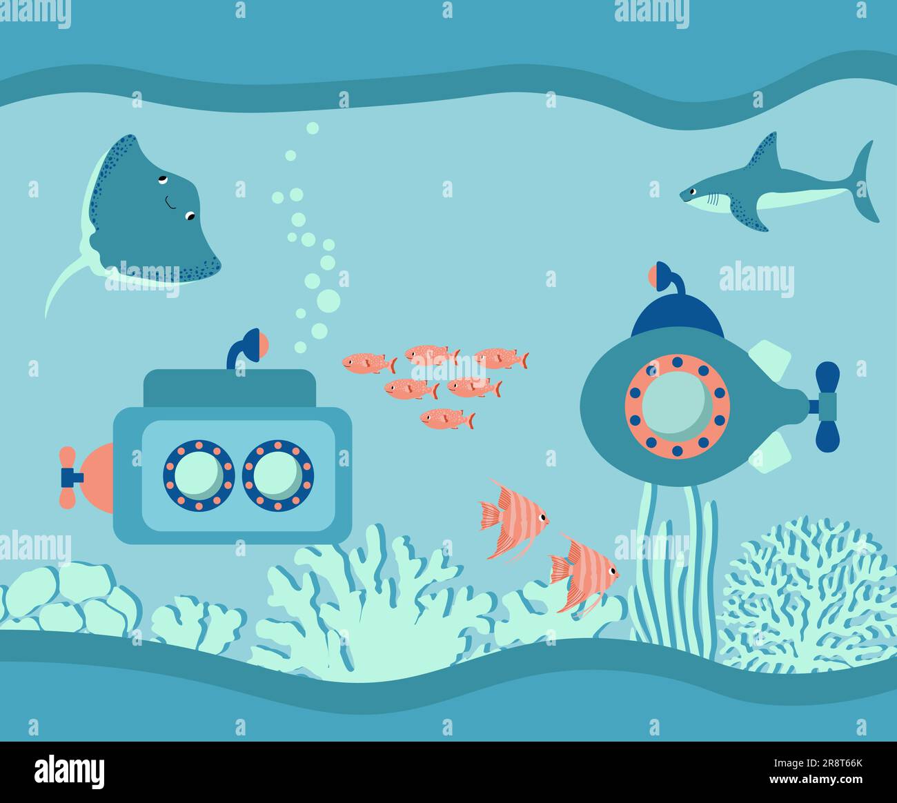 Vektor-Ozean-Illustration mit U-Boot, Hai, Teufelsfisch, Fisch, Algen, Korallen. Unterwassertiere. Ökologie-Design für Banner, Flyer, Postkarten Stock Vektor