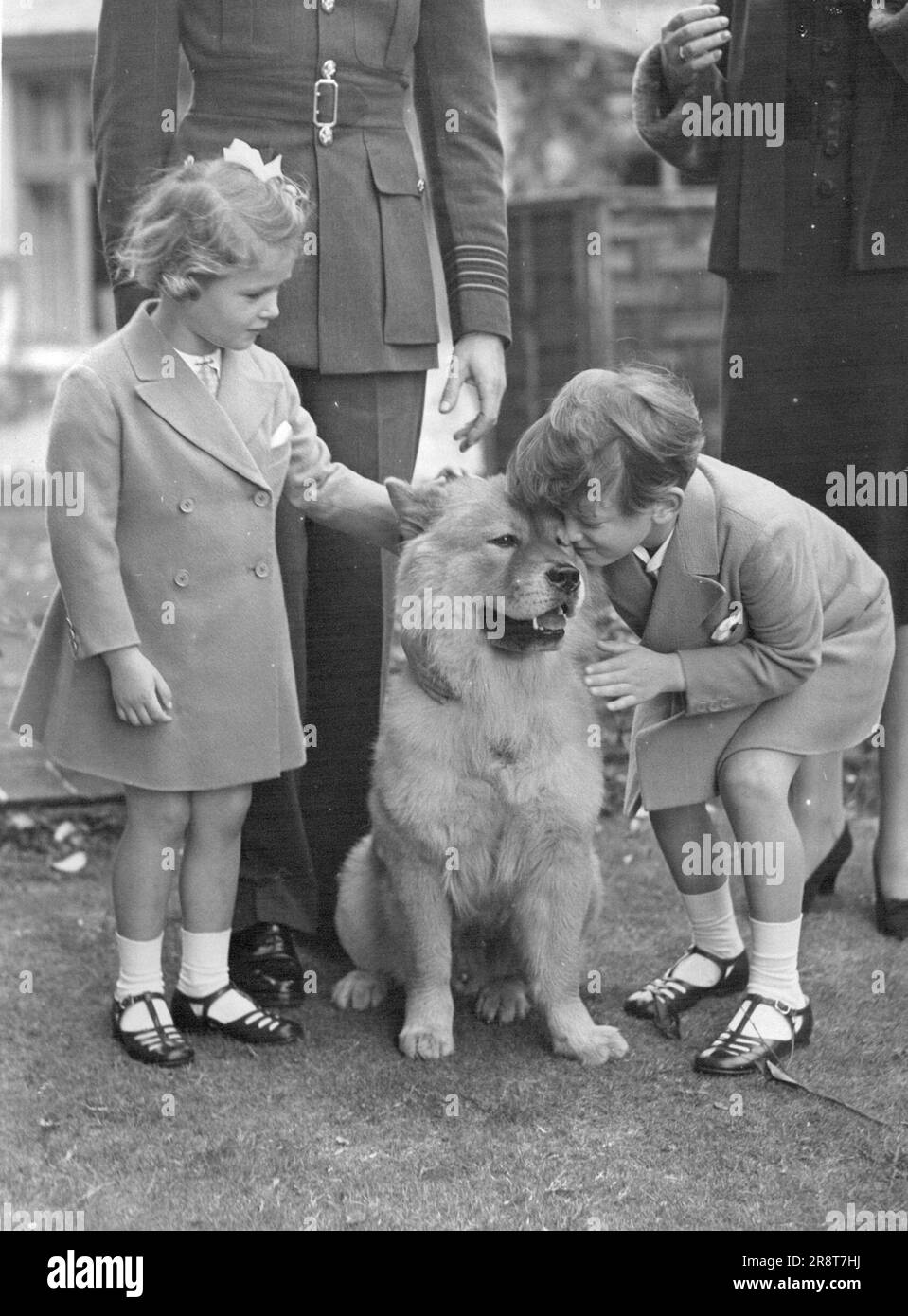 Prinz Edward fünf Jahre alt - Prinz Edward, der heute fünf Jahre alt ist, füttert den Hund 'Mouff. Beobachtet von seiner Schwester Prinzessin Alexandra. Ein bezauberndes Foto, das im Haus des Herzogs und der Herzogin von Kent in Buckinghamshire aufgenommen wurde. 18. Dezember 1940. (Foto von London News Agency Photos). Stockfoto