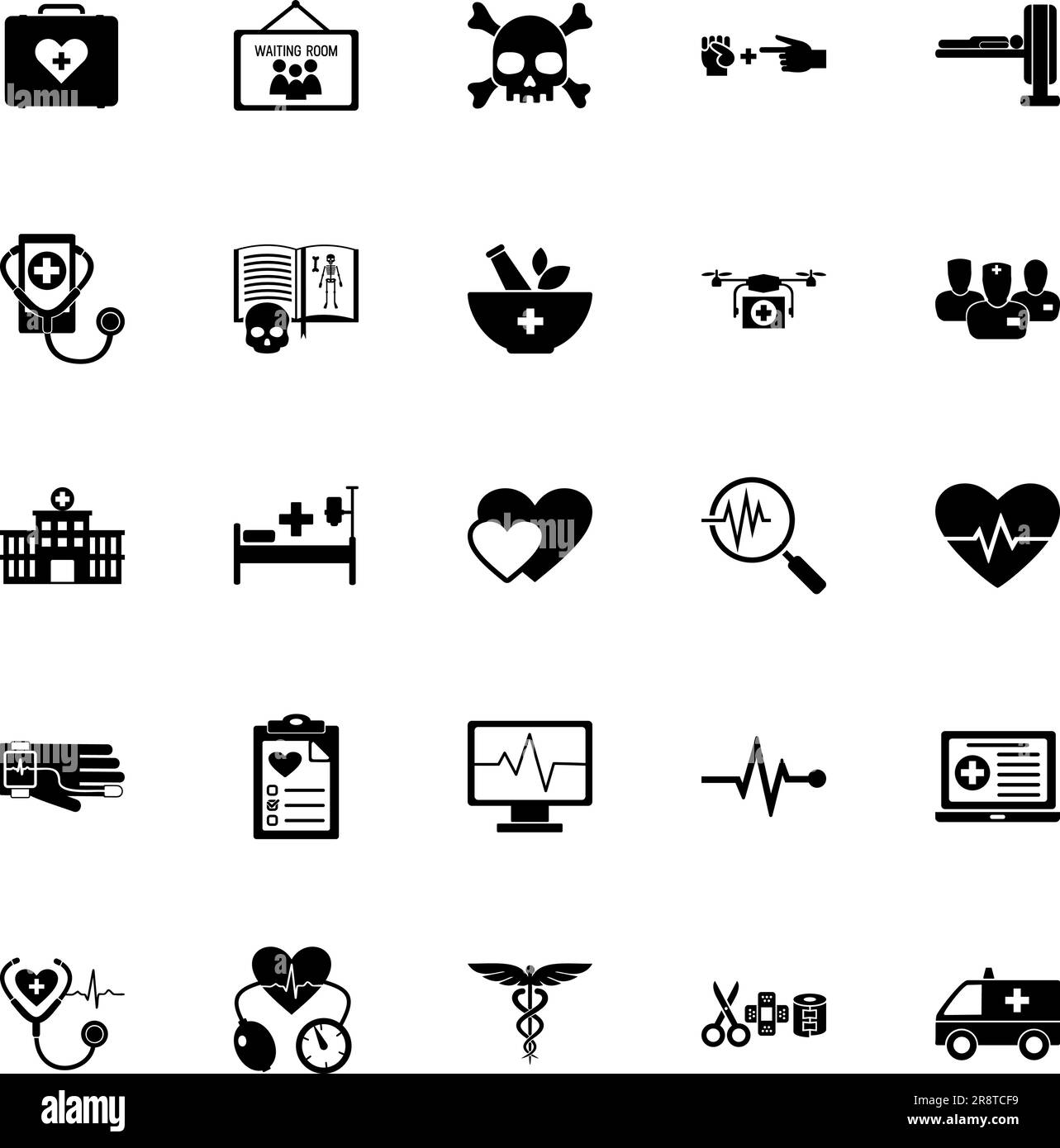 Symbolsatz für Gesundheitswesen, Krankenhaus, Apotheke und Diagnostik Stock Vektor