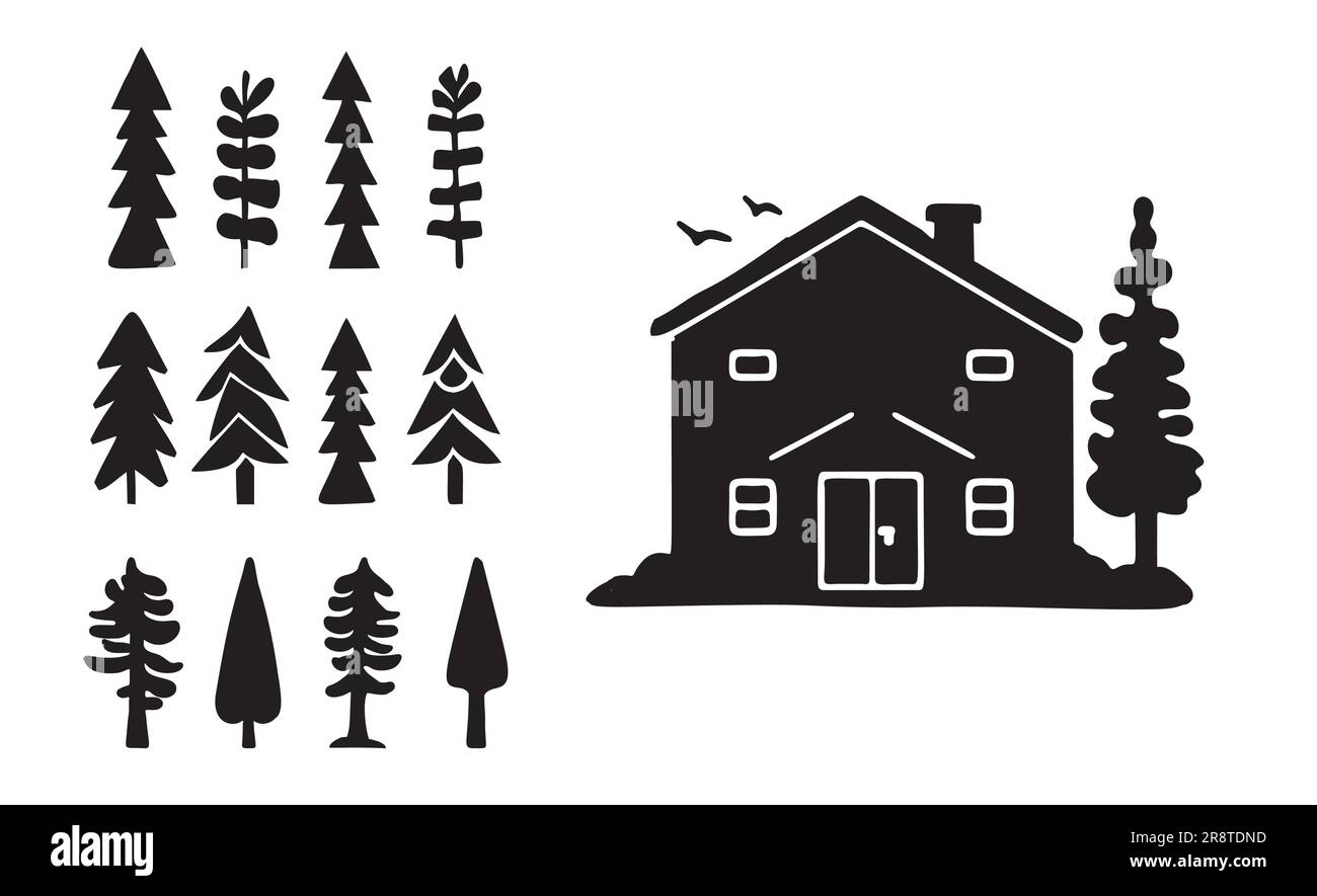 Eine Reihe von Vektordarstellungen für Holzhütten und Tannenbäume. Maskuline Outdoor-Reise im nordischen Linocut-Chalet in skandinavischer Urlaubsgruppe Stock Vektor