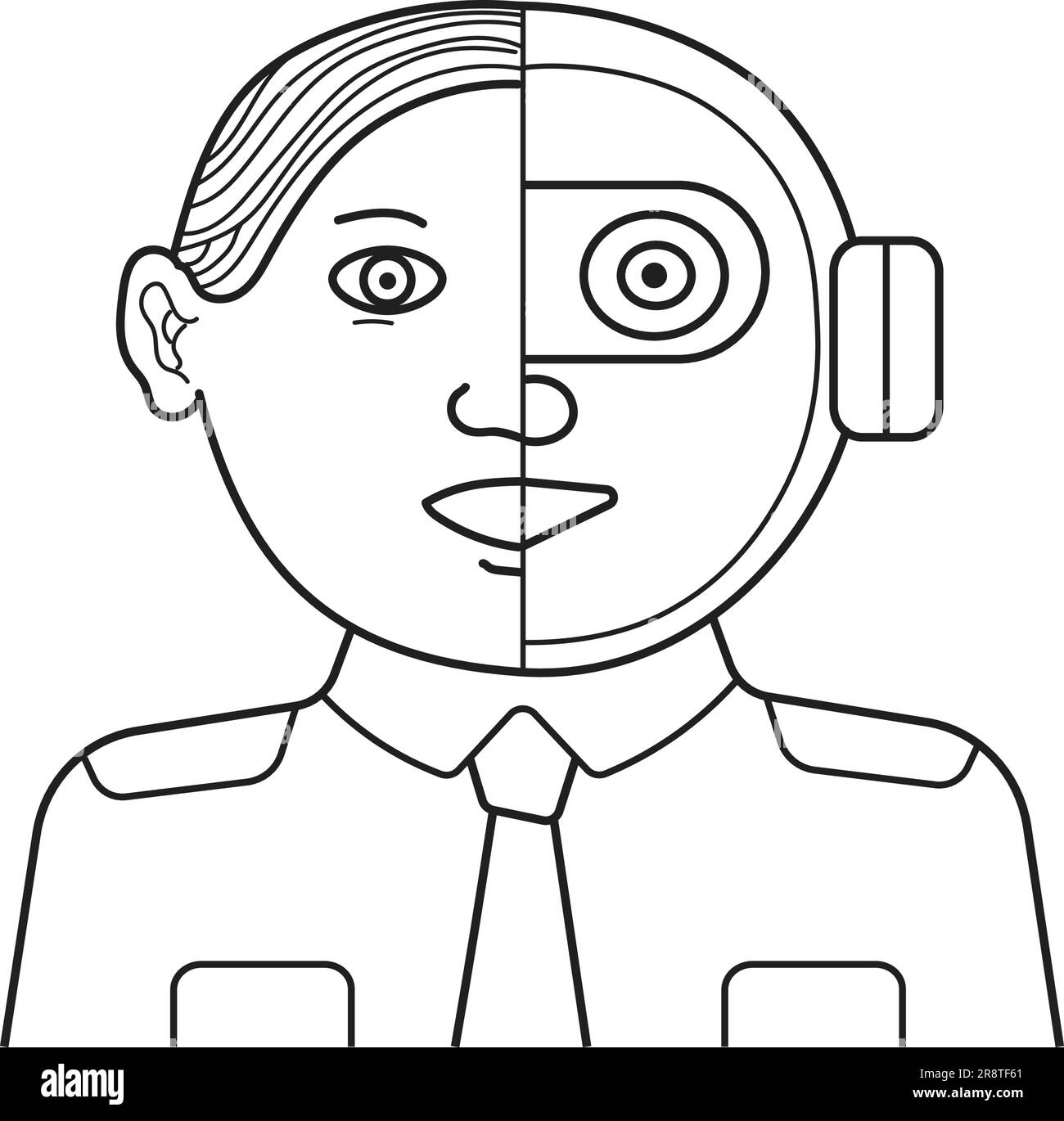 Ein Cyborg-Gesicht in Bürouniform, das mit künstlicher Intelligenz spricht. Roboter ersetzt menschliche Arbeiter. Futuristisches Konzept. Stock Vektor