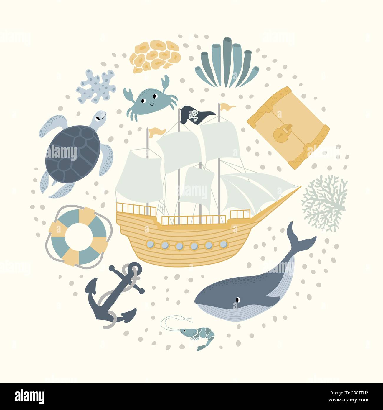 Vektor Ozean Illustration mit Schiff, Wal, Schatztruhe, Schildkröte, Anker, Rettungsschwimmer, Krabben, Garnelen, Korallen. Unterwasser Meerestiere. Ökologie Design für Stock Vektor