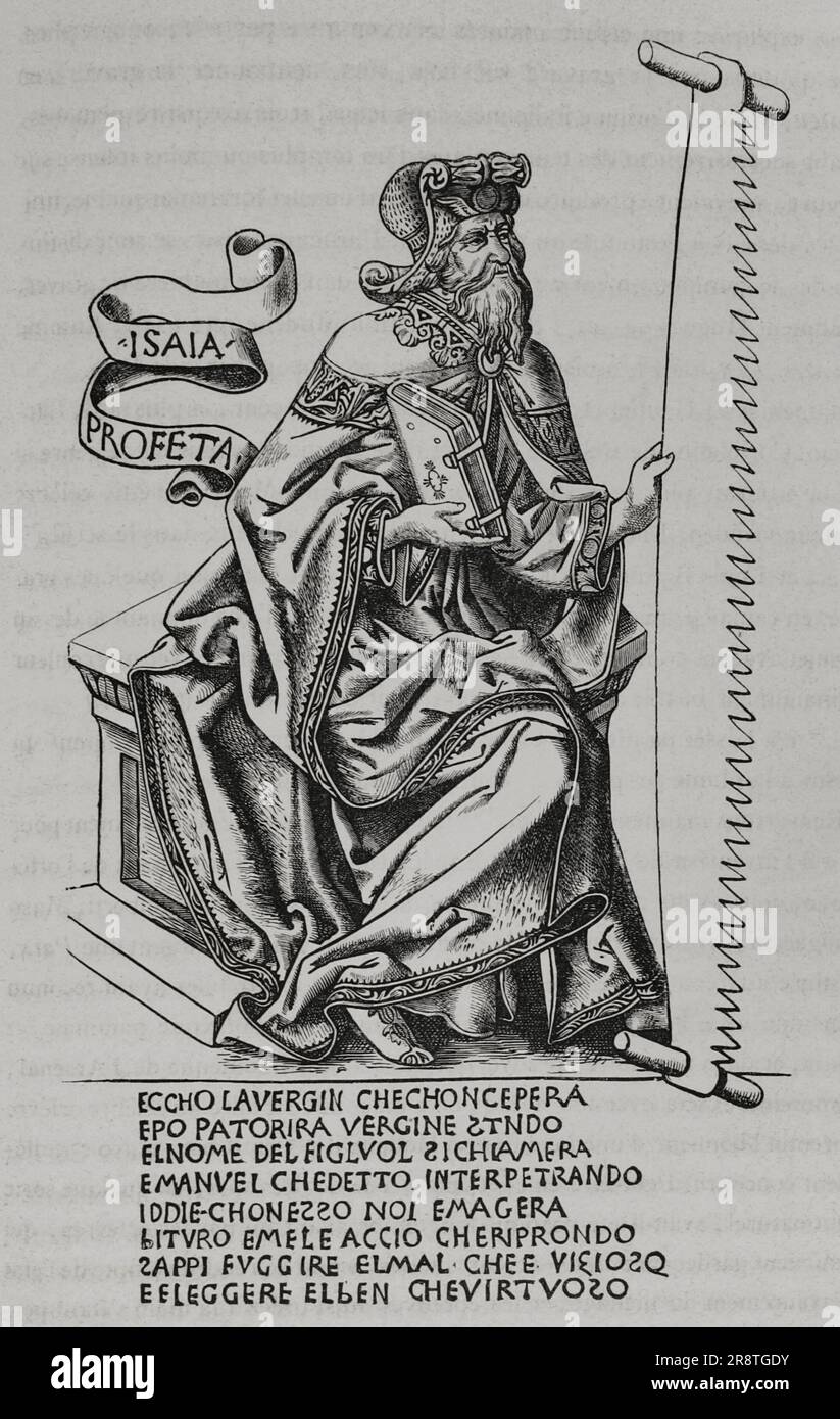 Der Prophet Isaiah hielt eine Säge in der Hand, das Instrument, mit dem er gefoltert wurde. Fax einer italienischen Gravur aus dem 15. Jahrhundert. "Les Arts au Moyen Age et a l'Epoque de la Renaissance" von Paul Lacroix. Paris, 1877. Stockfoto