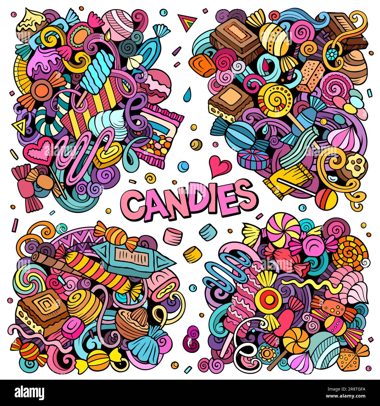 Cartoon-Vektor-Doodle-Design-Set mit Bonbons. Stock Vektor