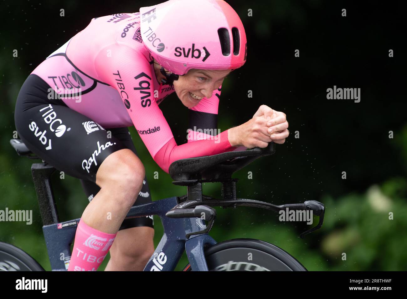 Oak Ridge, Tennessee, USA. 22. Juni 2023. USA Cycling Time Trial National Championships, Oak Ridge, Tennessee, USA. 22. Juni 2023. Lauren Stephens vom EF Education Frauen Radsport Team belegt zweiten Platz im Individualzeitversuch für Frauen. Kredit: Casey B. Gibson/Alamy Live News Stockfoto