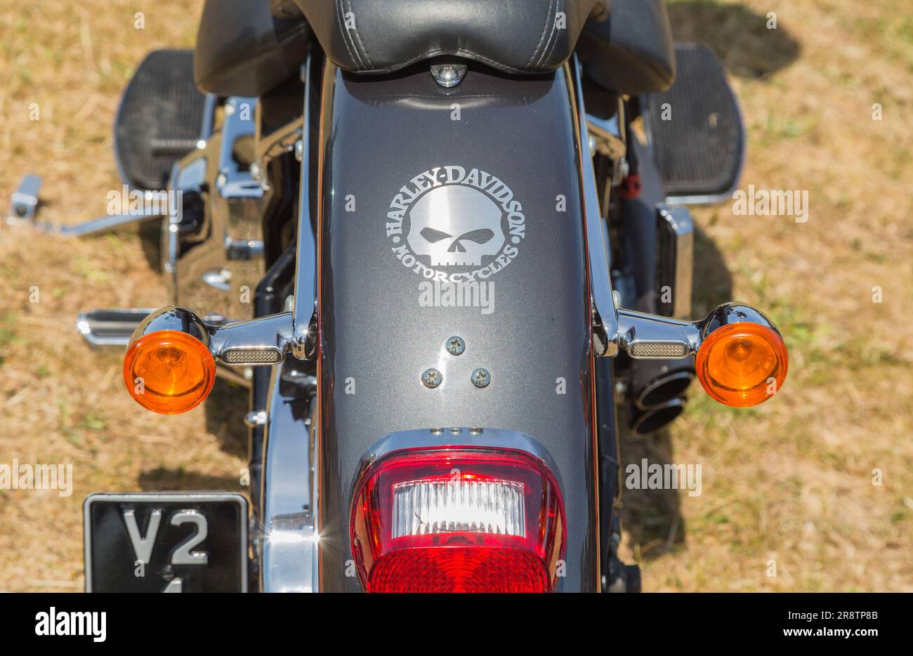 Nahaufnahme eines hinteren Schmutzfängers eines Harley Davidson Motorrads mit dem legendären Namen und einem stilisierten Totenkopfmotiv. Biker, Freiheit oder Roadtrip-Konzept. Stockfoto