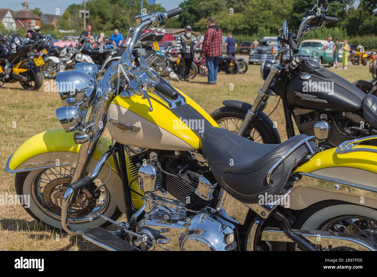 Der verchromte Motor einer geparkten Harley Davidson scheint bei einem Biker-Treffen in die Sonne. Freiheit, Roadtrip, Abenteuer, Lifestyle oder Reisekonzept. Stockfoto