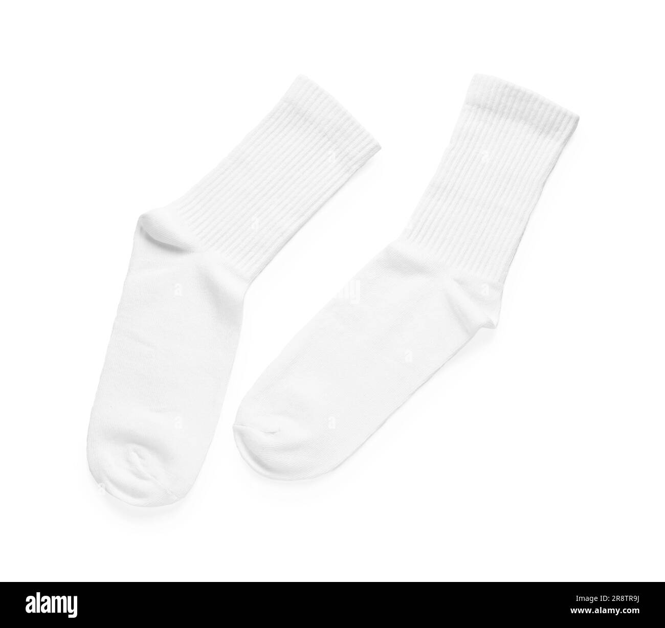 Ein Paar stylische, saubere Socken, isoliert auf Weiß, Draufsicht Stockfoto