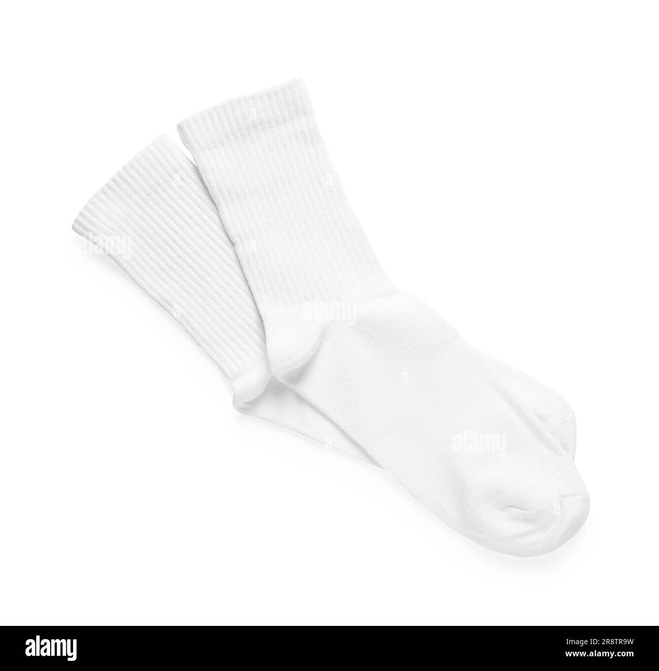 Ein Paar stylische, saubere Socken, isoliert auf Weiß, Draufsicht Stockfoto