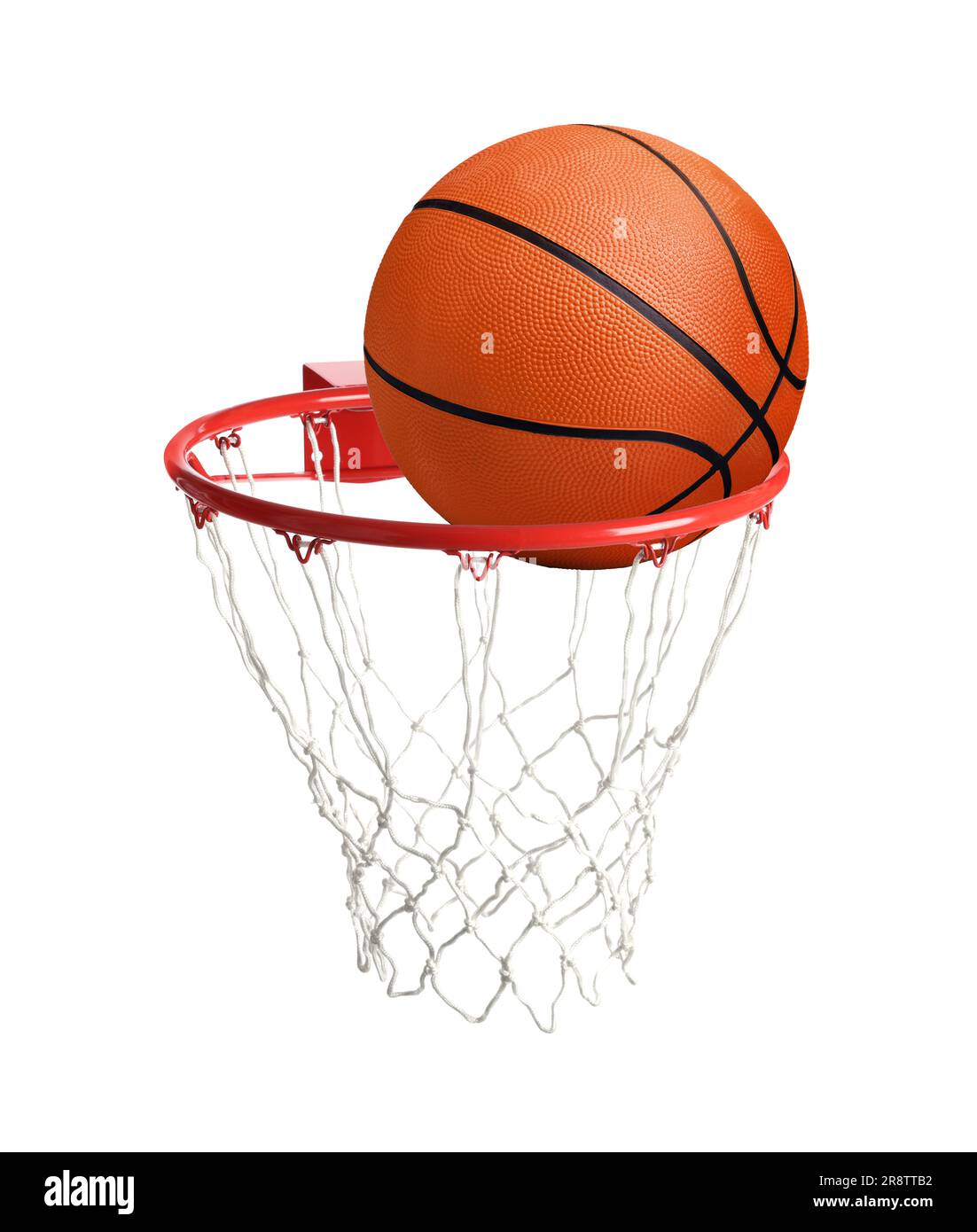 Basketballball fällt in den Korb mit isoliertem Netz auf Weiß Stockfoto
