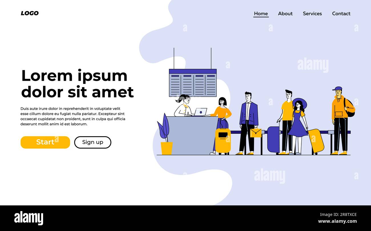 Reisende am Flughafen warten in der Schlange für den Check-in Stock Vektor