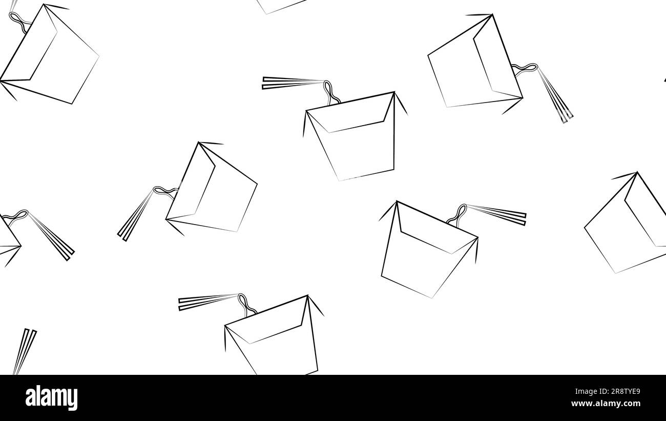 Wok-Nudeln in blauer Schachtel, weißer Hintergrund, Vektorbild, Muster. Schwarzweiß-Illustration im Zeichenstil „Bleistift“. Tapetendesign, Restaurant Stock Vektor