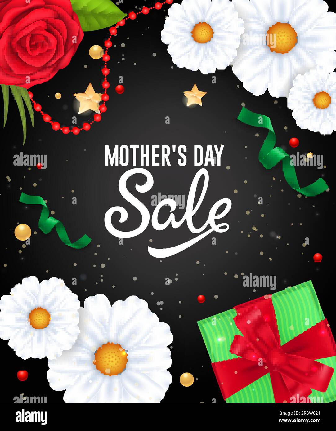 Schriftzug zum Muttertag mit Girlande, Blumen und Geschenk Stock Vektor