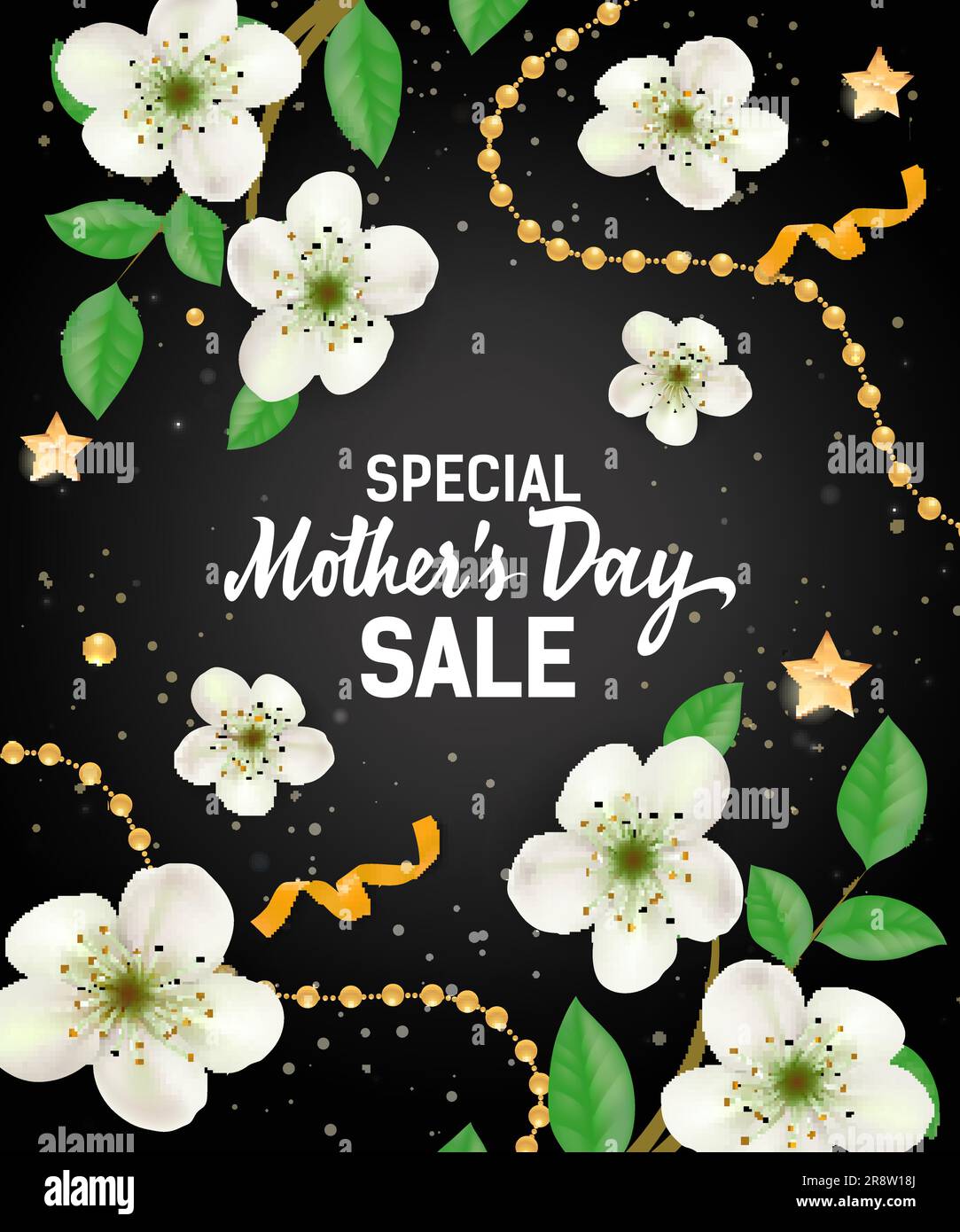 Sonderangebot zum Muttertag – Schriftzug mit Girlanden und Blumen Stock Vektor