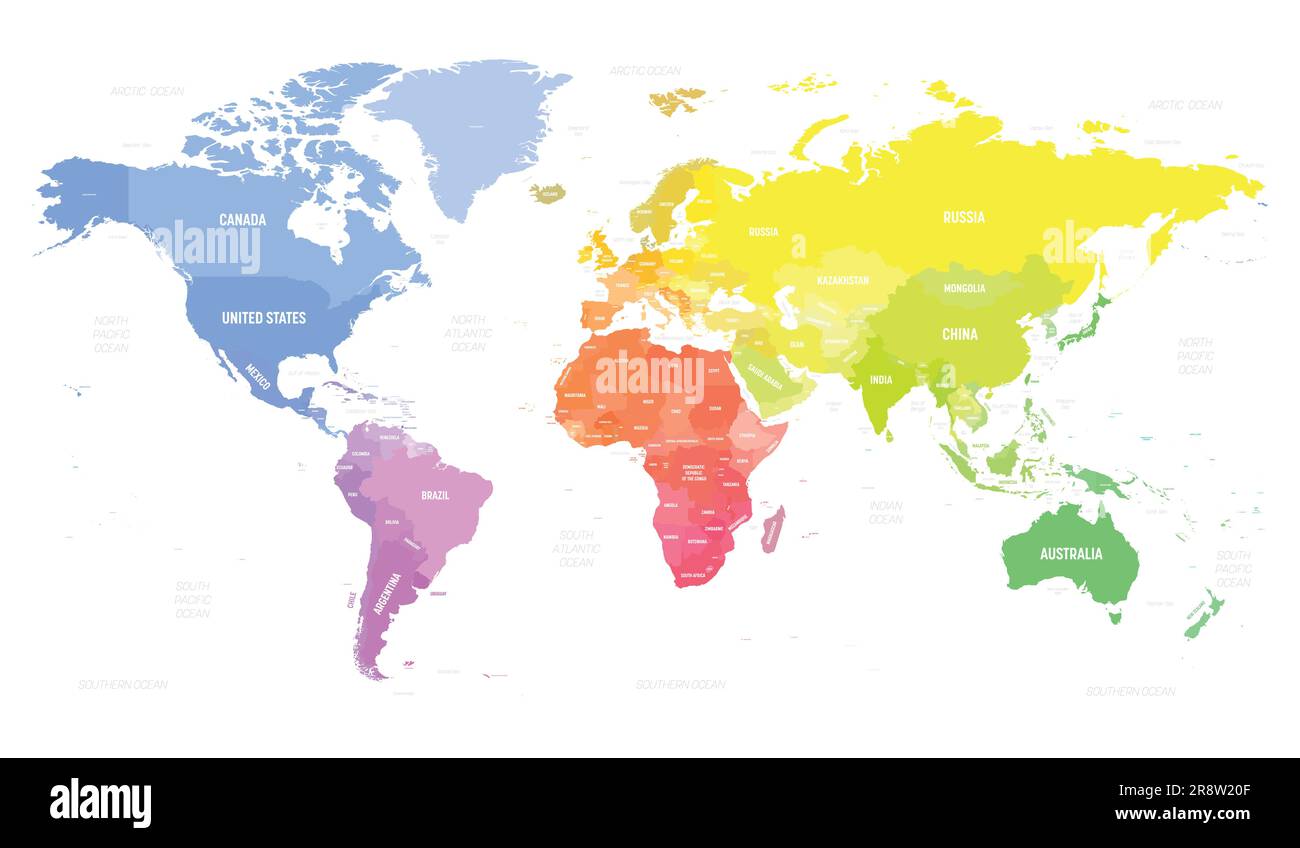 Weltkarte. Hochdetaillierte, leere politische Karte der Welt. Bunte Karte auf weißem Hintergrund. Stock Vektor