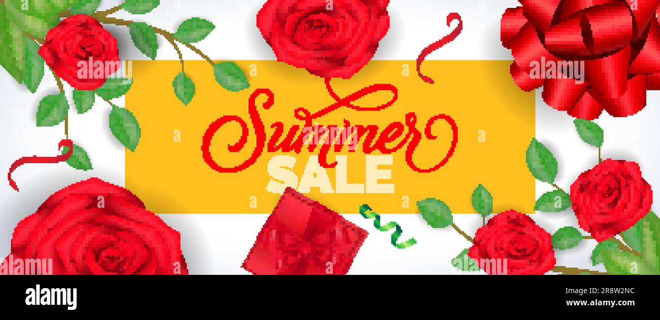 Schriftzug im gelben Rahmen mit Rosen und Konfetti im Sommer Stock Vektor