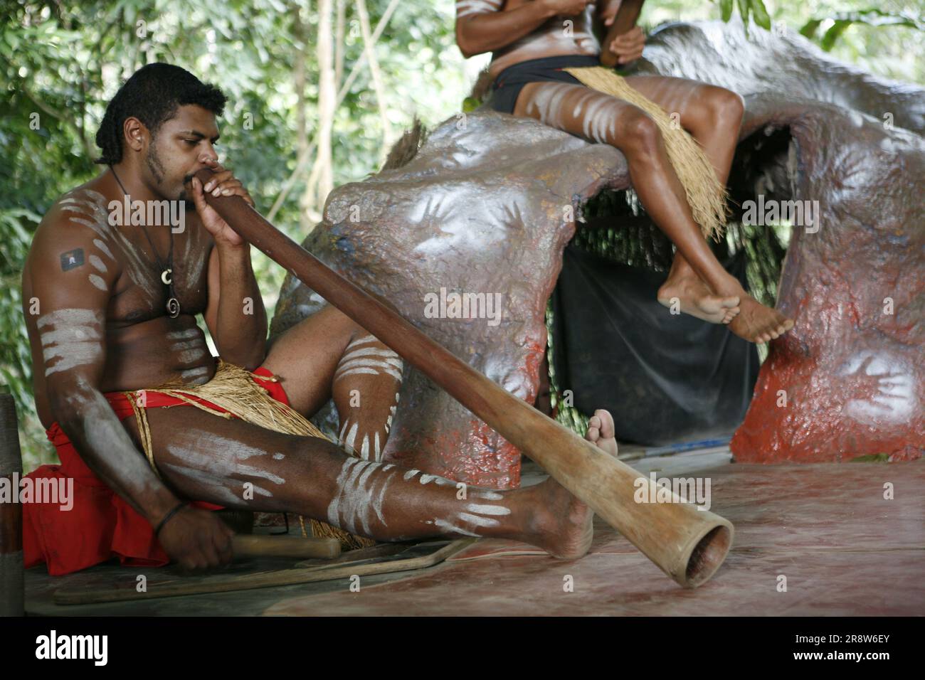 Australische Aborigines spielen traditionelle Instrumente in Cairns Kuranda Stockfoto