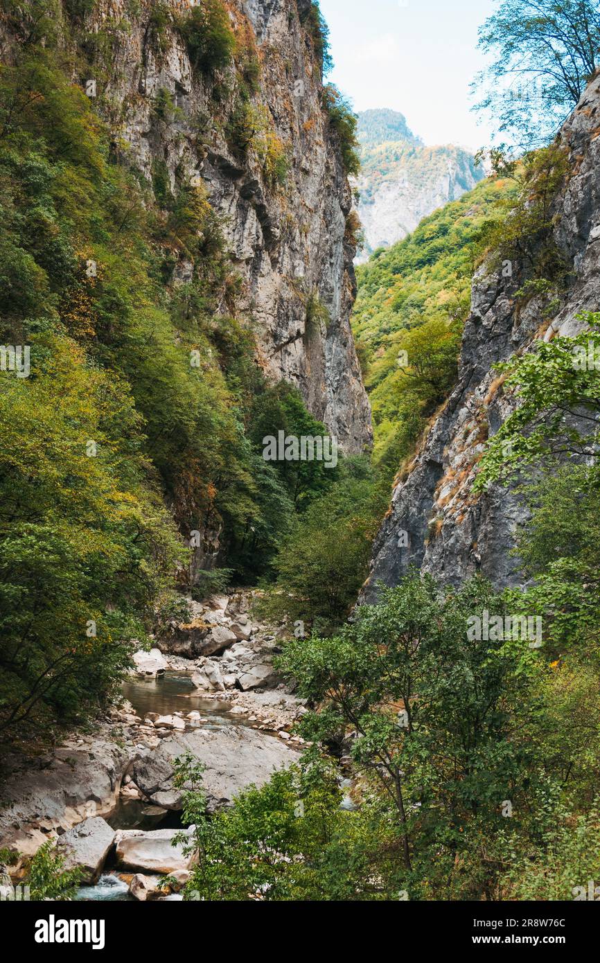 Der Fluss Lumbardhi i Pejës (Peja Bistrica) fließt durch einen engen, bewaldeten Canyon im Nationalpark Bjeshkët e Nemuna, Kosovo Stockfoto