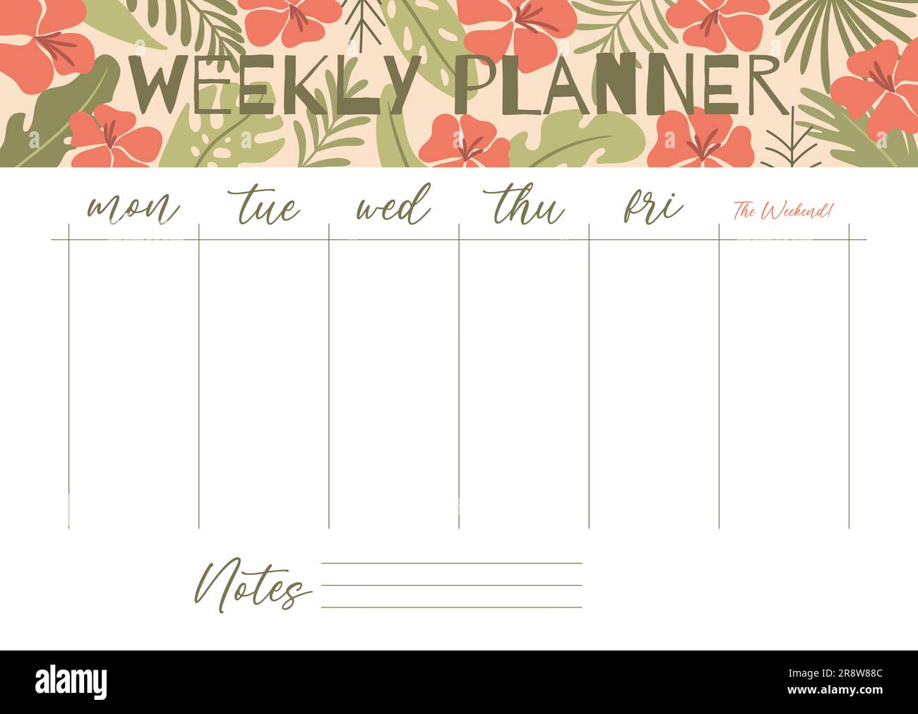 Druckbares Wochenplanerkonzept mit tropischem exotischen Hintergrund. Vektordarstellung Stock Vektor