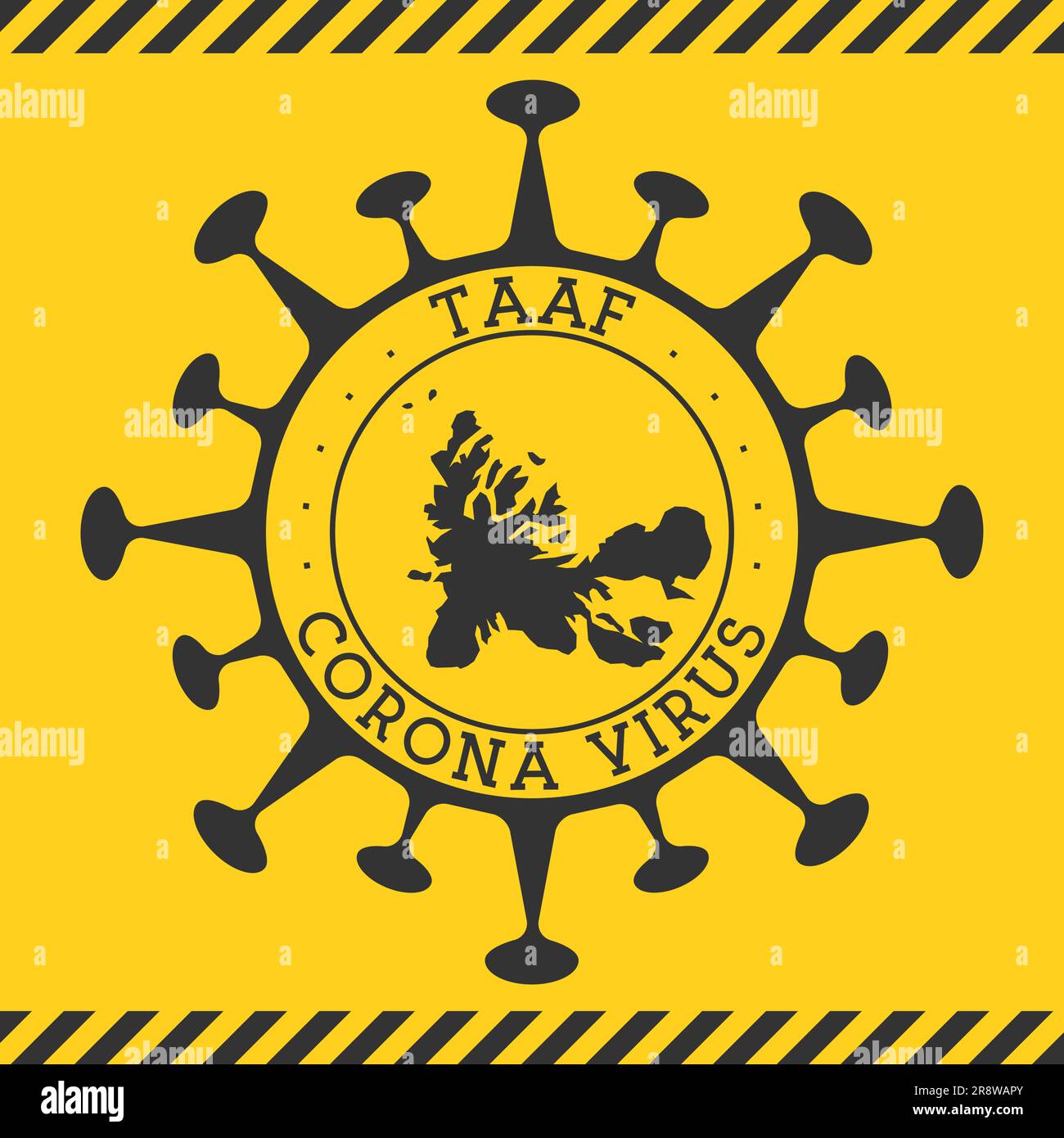 Corona-Virus in TAAF-Zeichen. Rundes Abzeichen mit Form des Virus und TAAF-Karte. Gelbes Land, Epidemie, Sperrstempel. Vektordarstellung. Stock Vektor