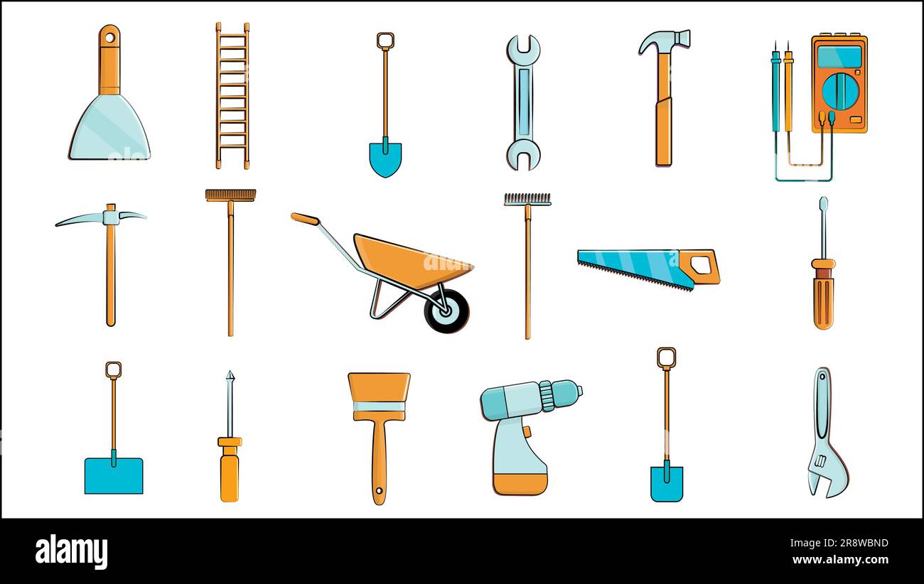 Ein großer Satz von Symbolen für Bau, Sanitär, Garten, Reparatur, Werkzeuge: Schaufel, Schraubenschlüssel Multimeter, Säge, Hammer, Bürste, Mopp, Rechen, Trolley, Spachtel, Stock Vektor