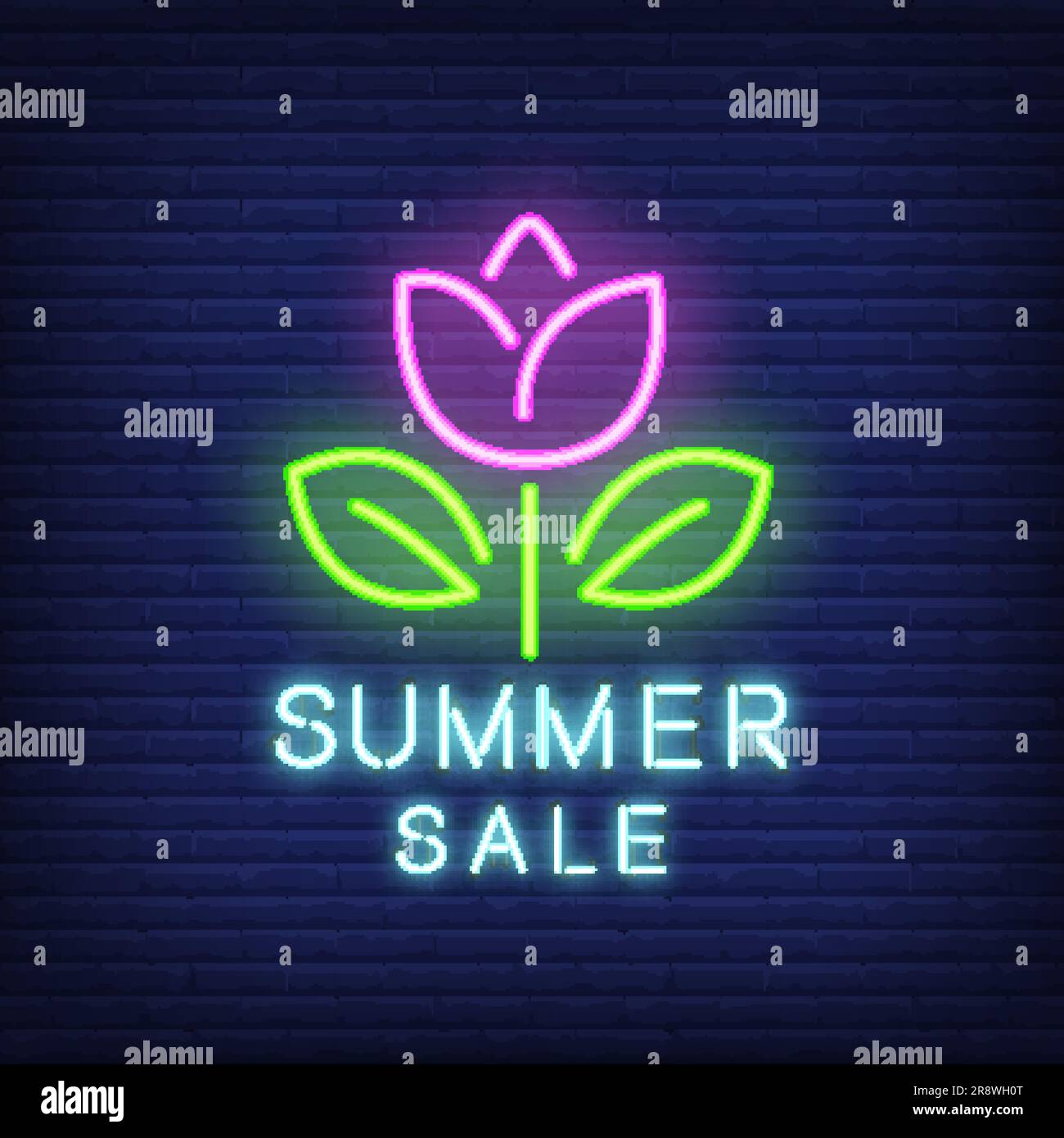 Sommerangebot Neontext mit Blume Stock Vektor