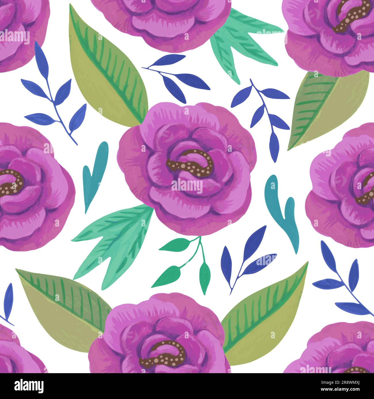 Nahtloses Vektormuster im luxuriösen Retro-Stil mit violetten Pfingstrosen und Blättern. Handgezeichnete Illustration. Stock Vektor