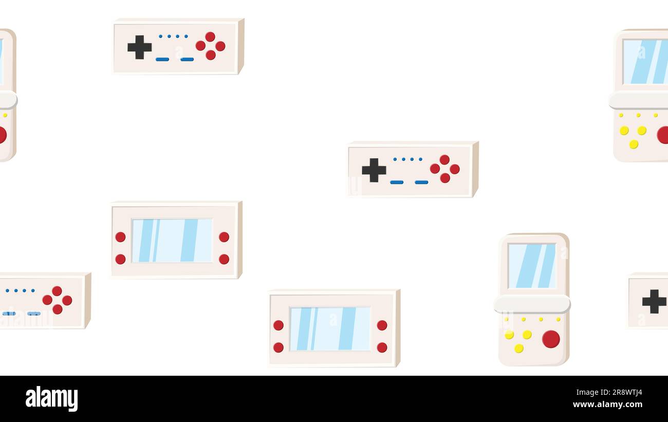 Nahtloses Muster endlos mit tragbaren Spielkonsolen und Joysticks, elektronischem Spielzeug, altem Retro-Hipster aus den Jahren 70s, 80s, 90s isoliert auf weißem Bac Stock Vektor
