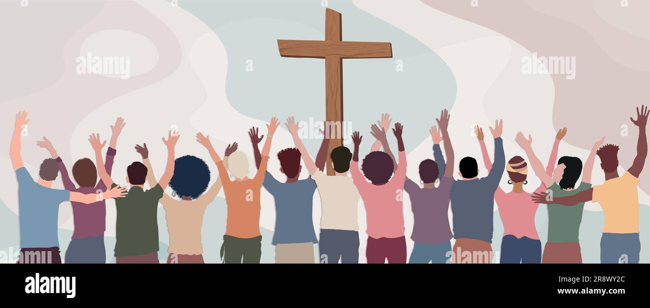 Eine Gruppe von Christen, die von hinten gesehen werden, mit erhobenen Händen zum Kruzifix, beten oder singen. Das Christentum in der Welt. Christliche Verehrung. Vertrauen Stock Vektor