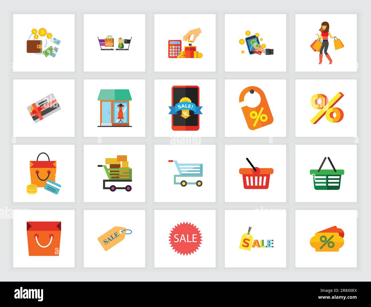 Online-Verkaufskonzept. Flache Symbolgruppe Stock Vektor