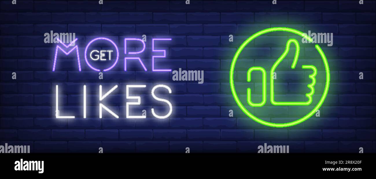 „Mehr Likes“-Banner im Neon-Stil auf Ziegelhintergrund Stock Vektor