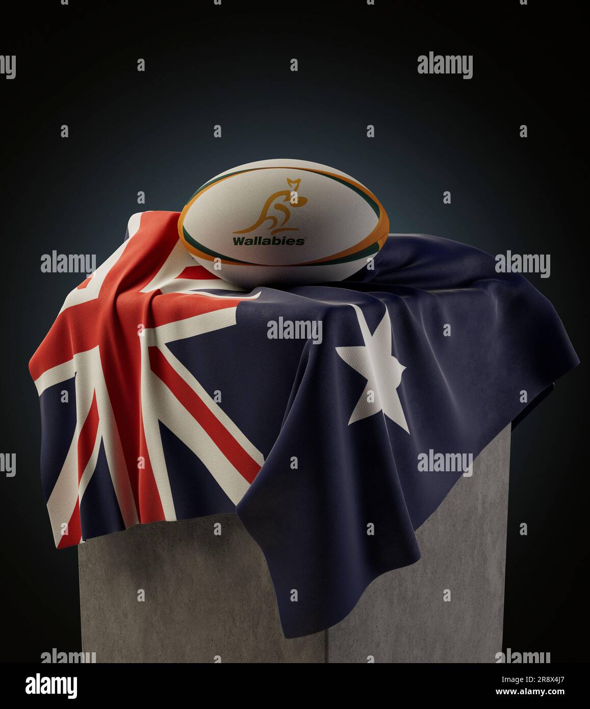 Eine 3D-Darstellung eines generischen Rugby-Balls mit dem Rugby-Logo der Wallabys, das auf einer drapierten australischen Nationalflagge aufliegt - 4. Dezember 2022 in Bristol Stockfoto