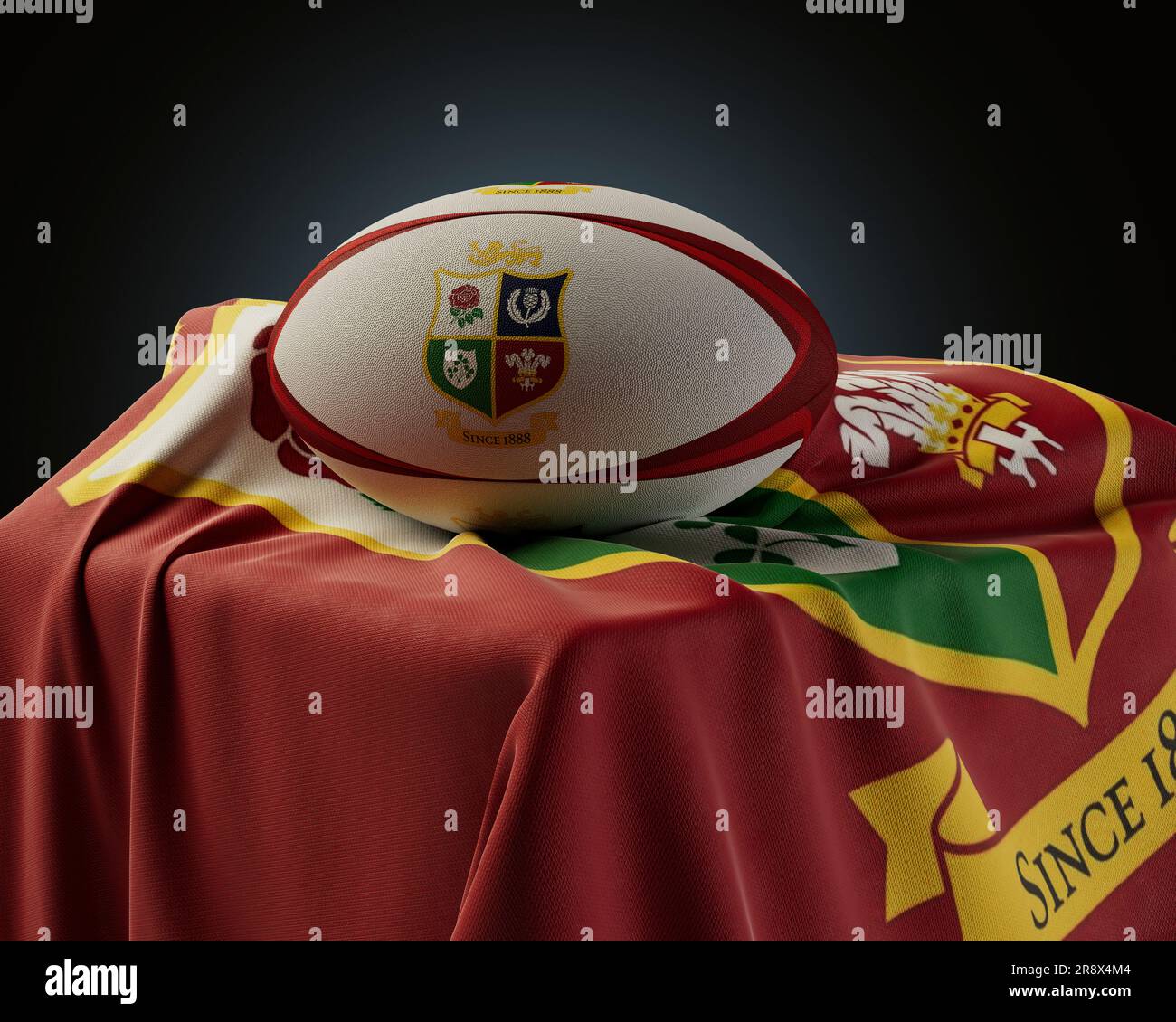 Ein 3D-Rendering eines Rugby-Balls auf einer drapierten Flagge, die beide mit dem Rugby-Logo der Britsih und Irish Lions bedruckt sind - 7. Dezember 2022 in Bristol, Unite Stockfoto
