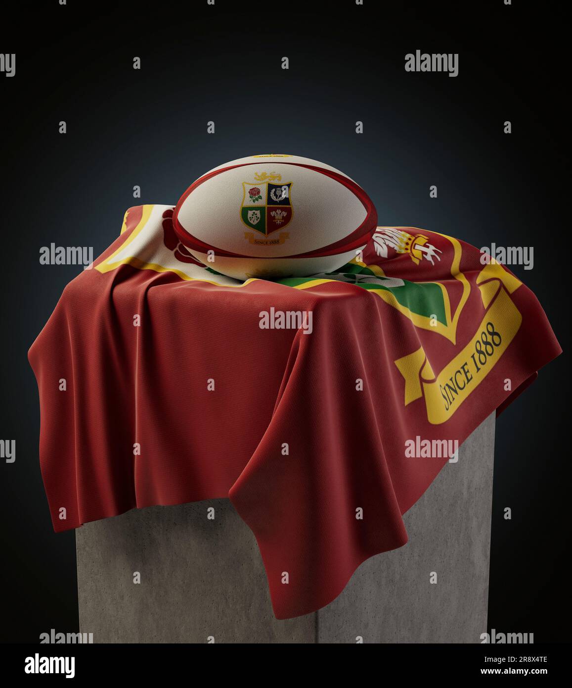 Ein 3D-Rendering eines Rugby-Balls auf einer drapierten Flagge, die beide mit dem Rugby-Logo der Britsih und Irish Lions bedruckt sind - 7. Dezember 2022 in Bristol, Unite Stockfoto