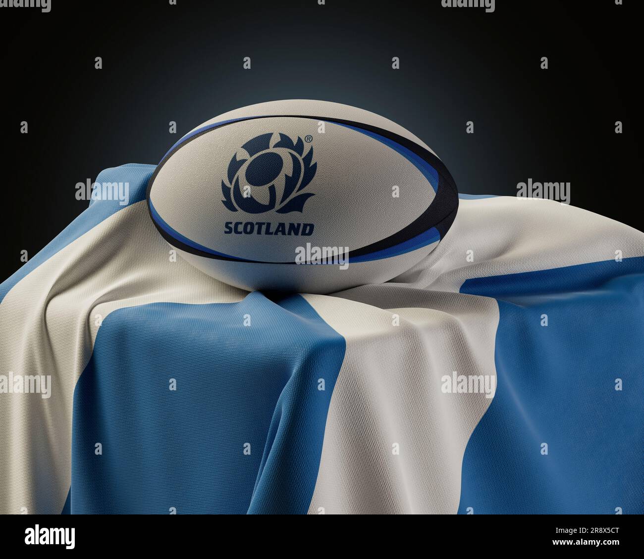 Eine 3D-Darstellung eines generischen Rugby-Balls mit dem schottischen Rugby-Ogo, das auf einer schottischen Flagge ruht - 29. März 2019 in Bristol, Vereinigtes Königreich Stockfoto