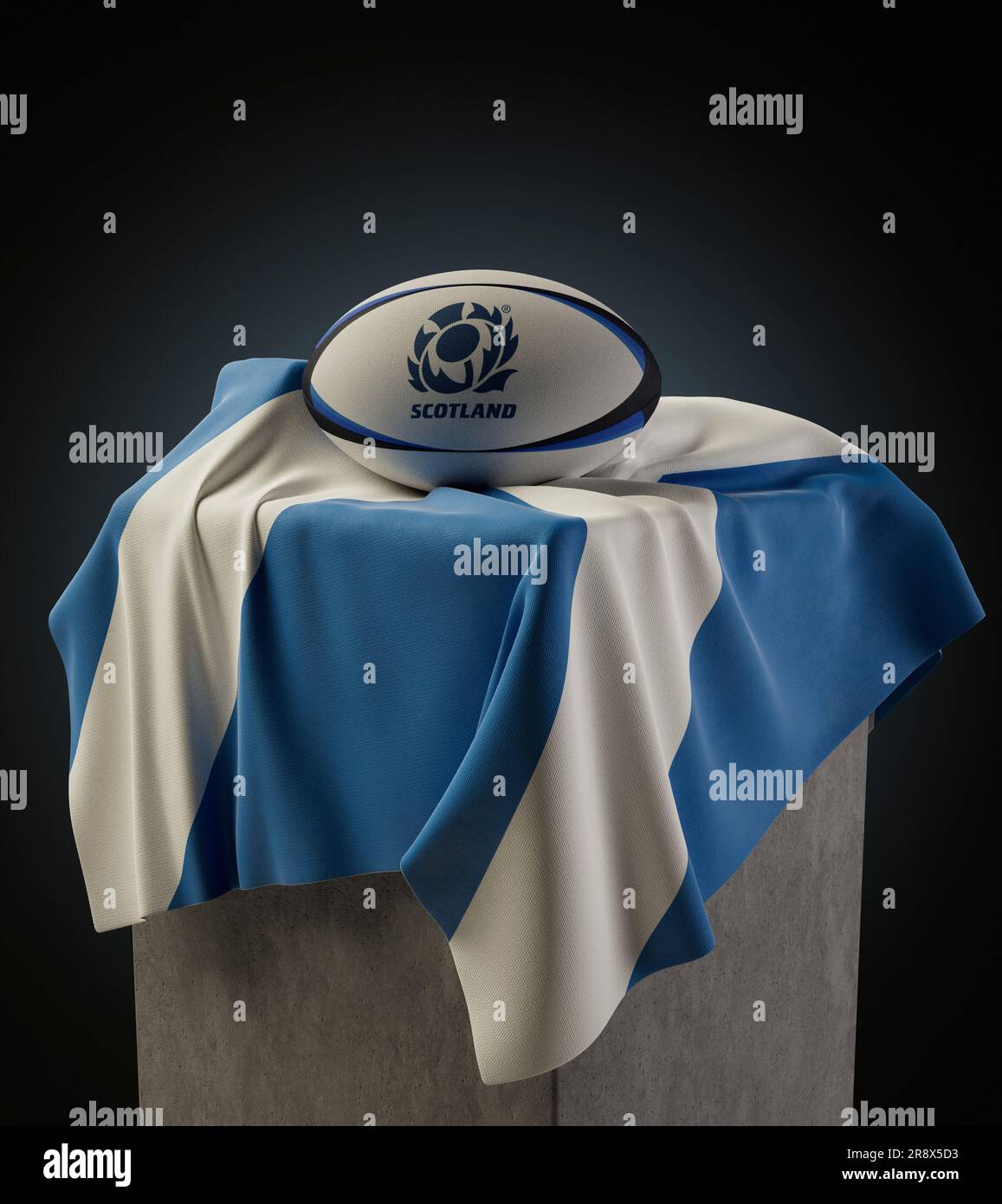 Eine 3D-Darstellung eines generischen Rugby-Balls mit dem schottischen Rugby-Ogo, das auf einer schottischen Flagge ruht - 29. März 2019 in Bristol, Vereinigtes Königreich Stockfoto