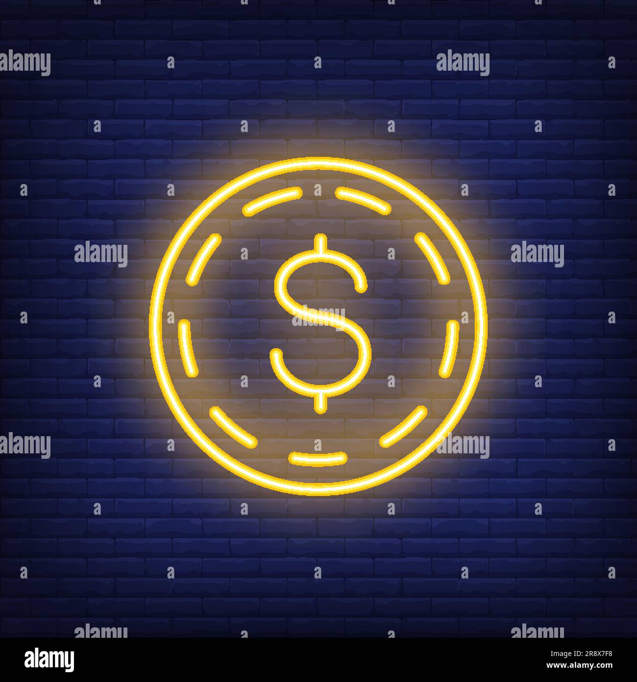 Dollarmünze auf Ziegelhintergrund. Neon-Style-Illustration Stock Vektor