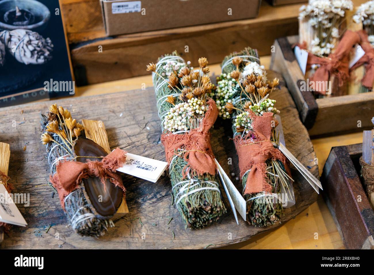 Lavendel- und Wacholderstaubstöcke in einem Geschäft (Inspitalfields, Spitalfields Market, London, England) Stockfoto