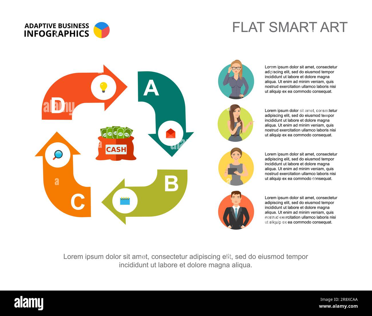 Infografiken für Unternehmen mit Zyklusdiagramm und Symbolen für Geschäftsleute Stock Vektor