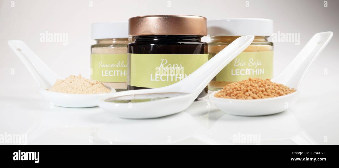 Flüssiges Lecithin, Phosphatidylserin, Sonnenblumen und Soja, Pulver Stockfoto