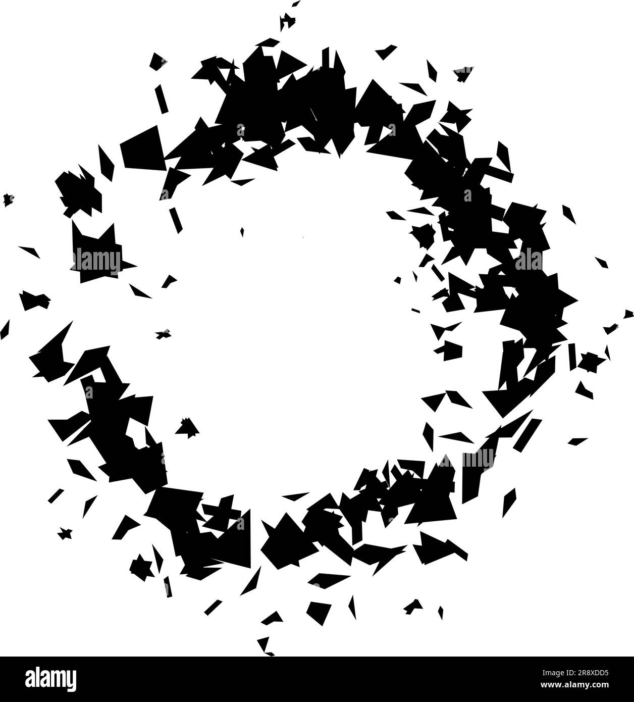 Trümmer und Sprünge in Kreisform. Schwarze Bruchteile, Flecken, Flecken und Partikel. Abstrakte Explosion und geplatztes Texturelement. Darstellung des Vektorrahmens Stock Vektor