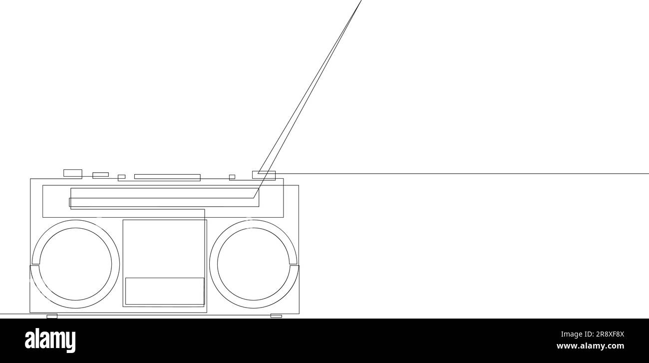 Durchgehende Linienzeichnung eines Radio-Kassettenrekorders im Retro-Design. Klassisches, klassisches Audiotechnologiekonzept im einzeiligen Kunststil. Altmodisches analoges m Stock Vektor