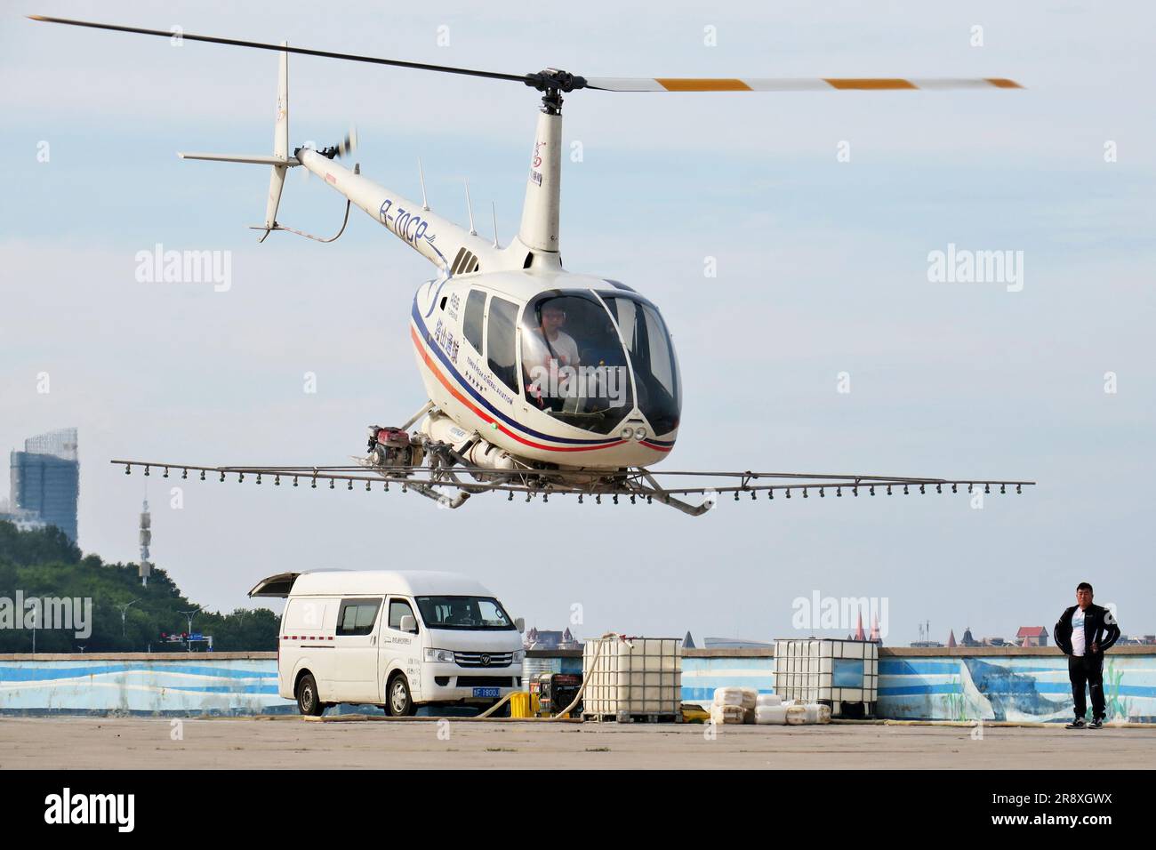 YANTAI, CHINA - 17. JUNI 2023 - Ein Tashan General Aviation R66-Hubschrauber führt Flugzeuge gegen japanische Pine Sawyer in Yantai, Shandong p Stockfoto