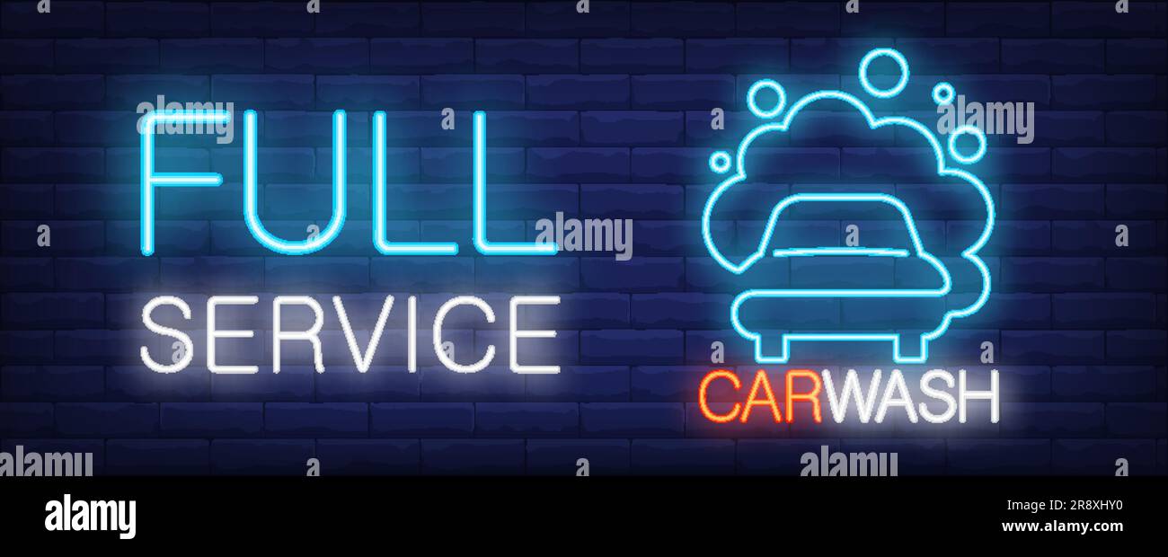 Neonschild „Autowaschanlage mit vollem Serviceangebot“ Stock Vektor